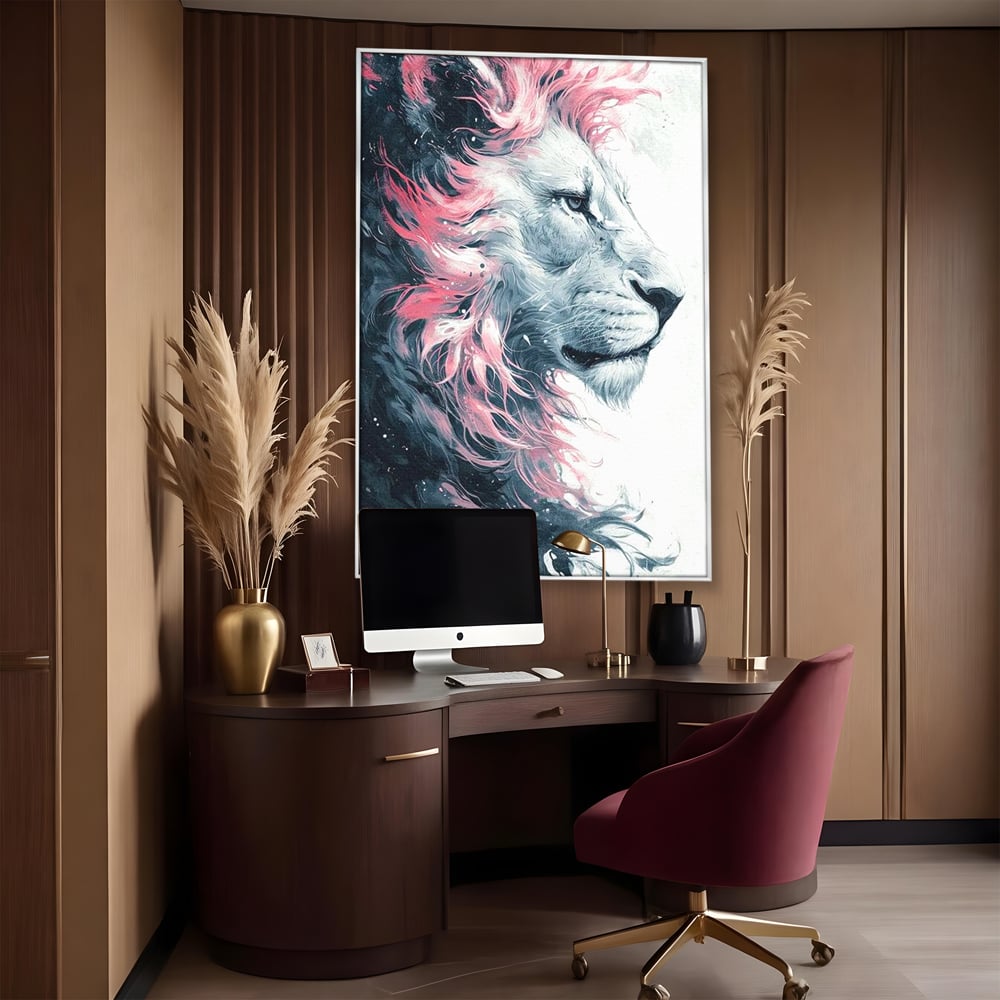 Tablou canvas cu tablou canvas cu leu in profil, in rama de aluminiu argintiu, pe perete intr-un birou